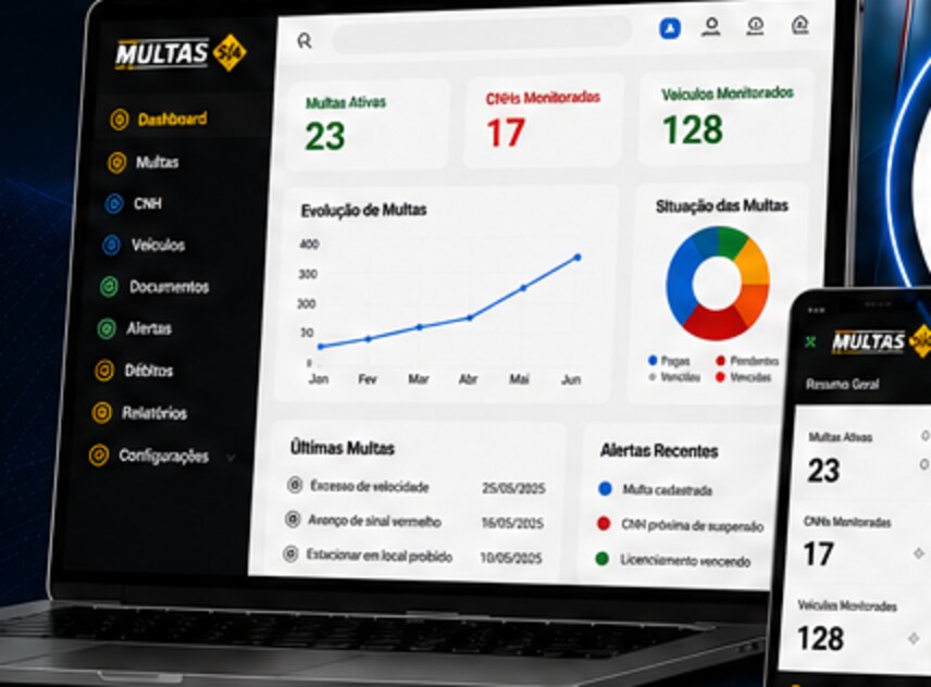 Painel da plataforma de monitoramento da MULTAS S/A no notebook e no celular