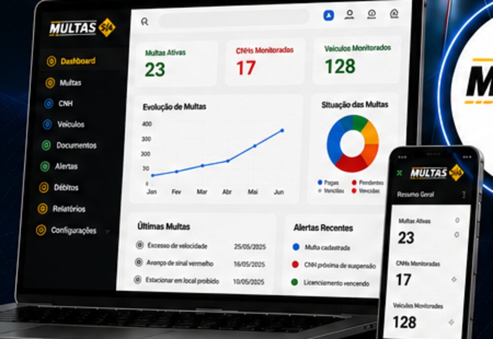 Painel da plataforma de monitoramento da MULTAS S/A no notebook e no celular
